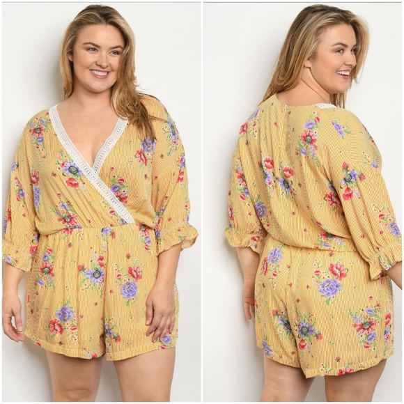 C.O.C. curvy fit Pants - Plus size 2X Yellow Stripe & Floral Romper